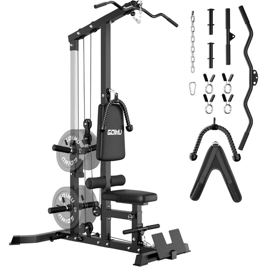LS01 LAT Pulldown Machine, LAT Row Cable Machine with AB Crunch, LAT Tower with Cable Row Attachments, 3 in 1 Pulley Stations