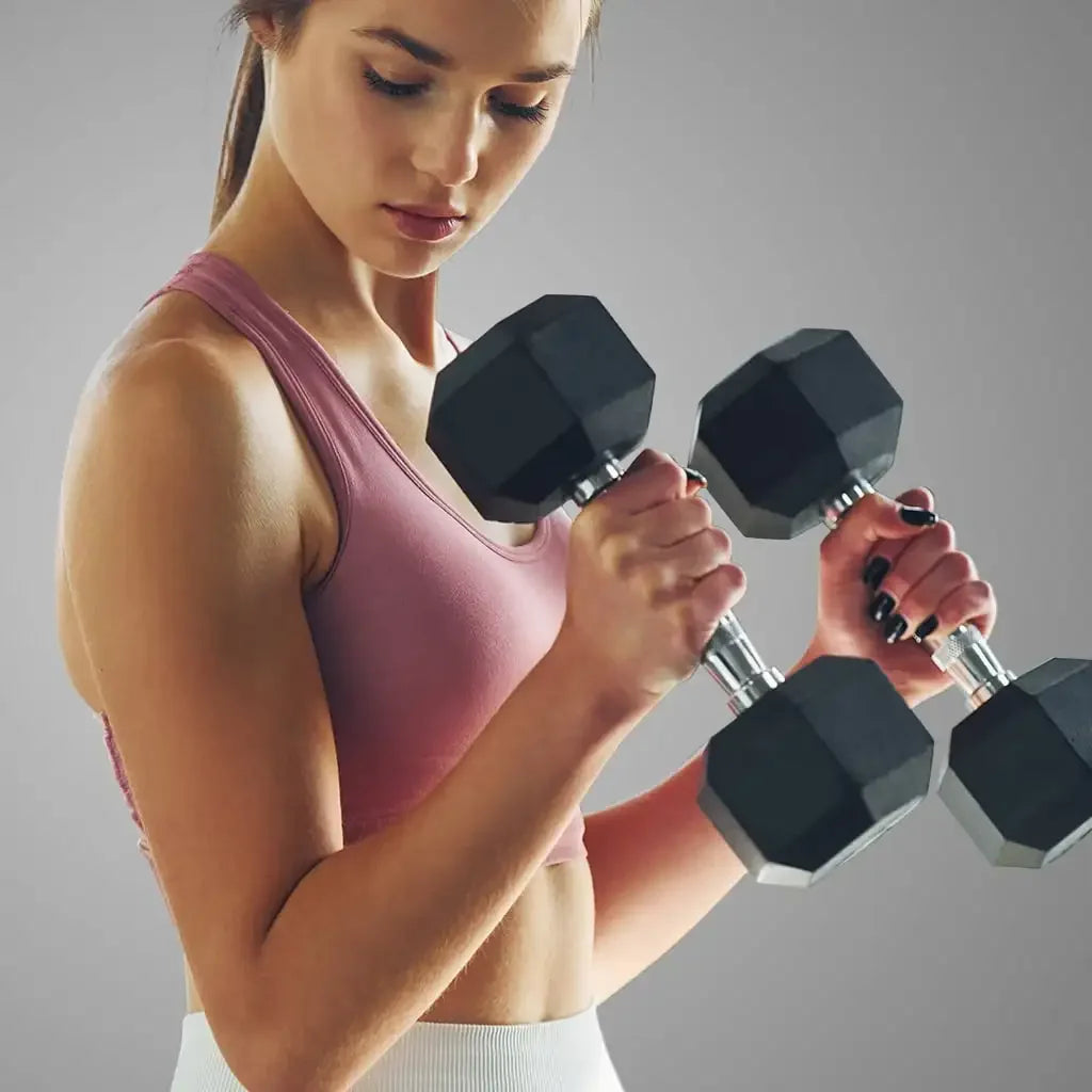 8 lb Rubber Hex Dumbbells, Pair，Handles: Chrome-plated steel handles for a comfortable grip.