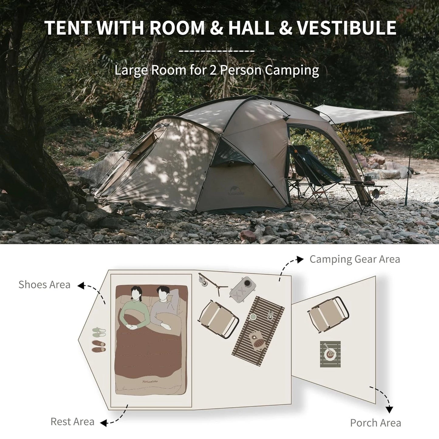 Naturehike Lightweight 2 Person Tent Large Space 4 Season Double Layer Camping Tent 7.5㎡ with Living Room with Stove Hole