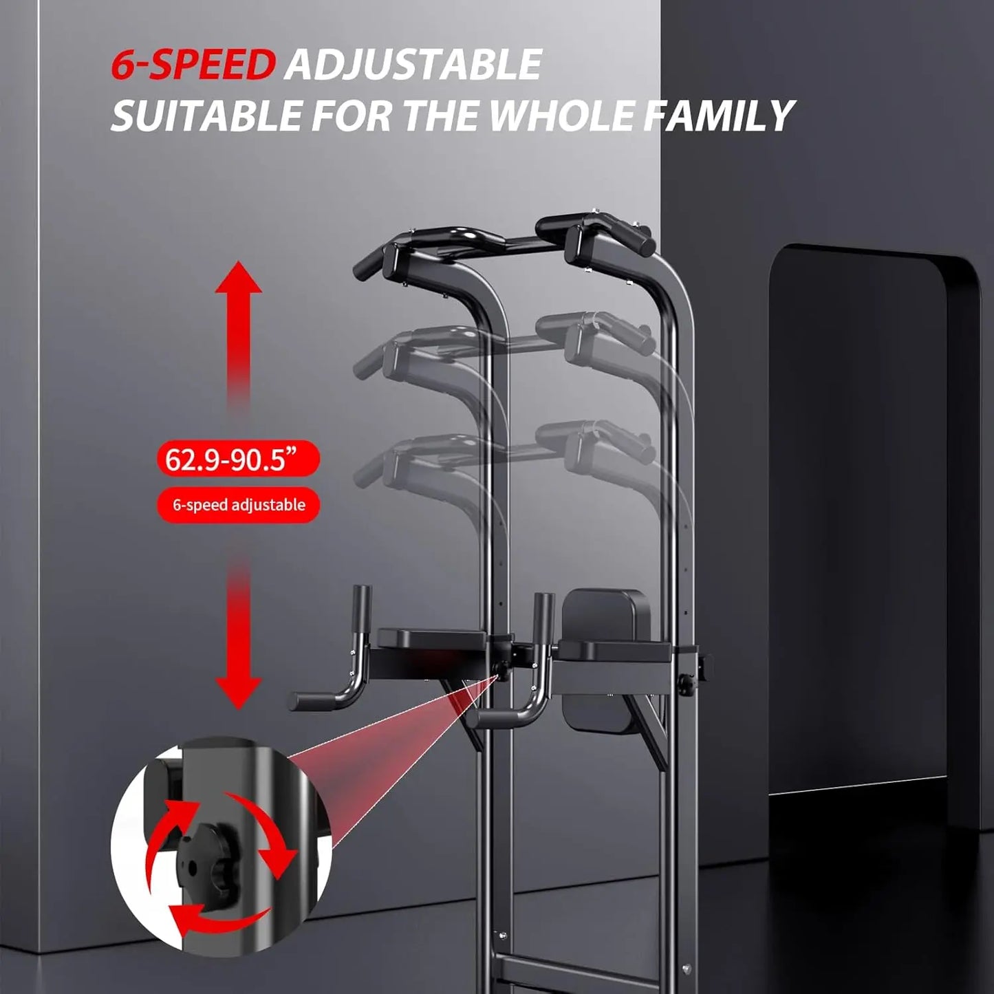 Adjustable Height Power Tower for Home Gym - Pull Up, Dip Station, Multi-Function Strength Training Equipment