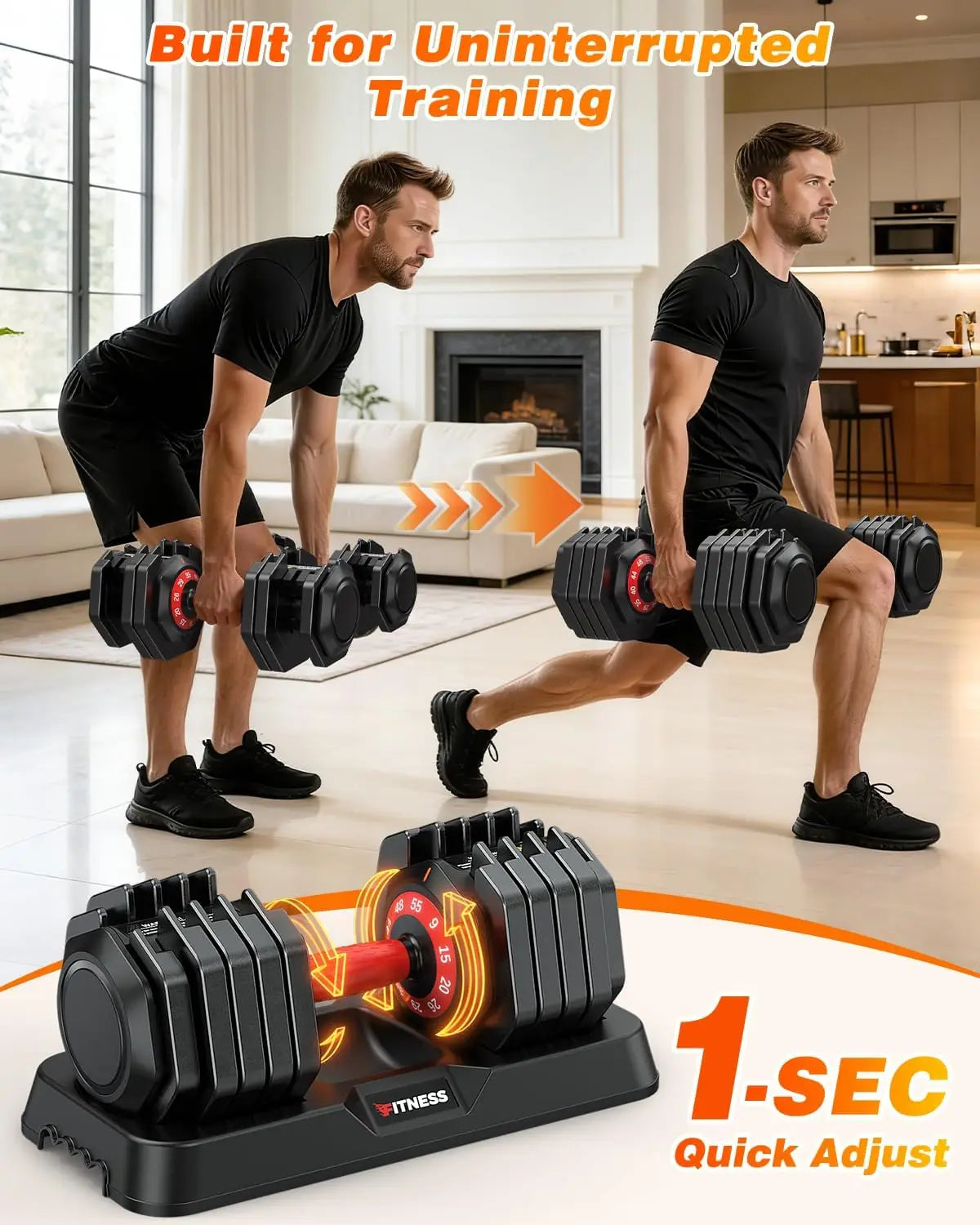 Adjustable Dumbbell Set of 2, Fast Weight Change, Anti-Slip Handle for Home Gym
