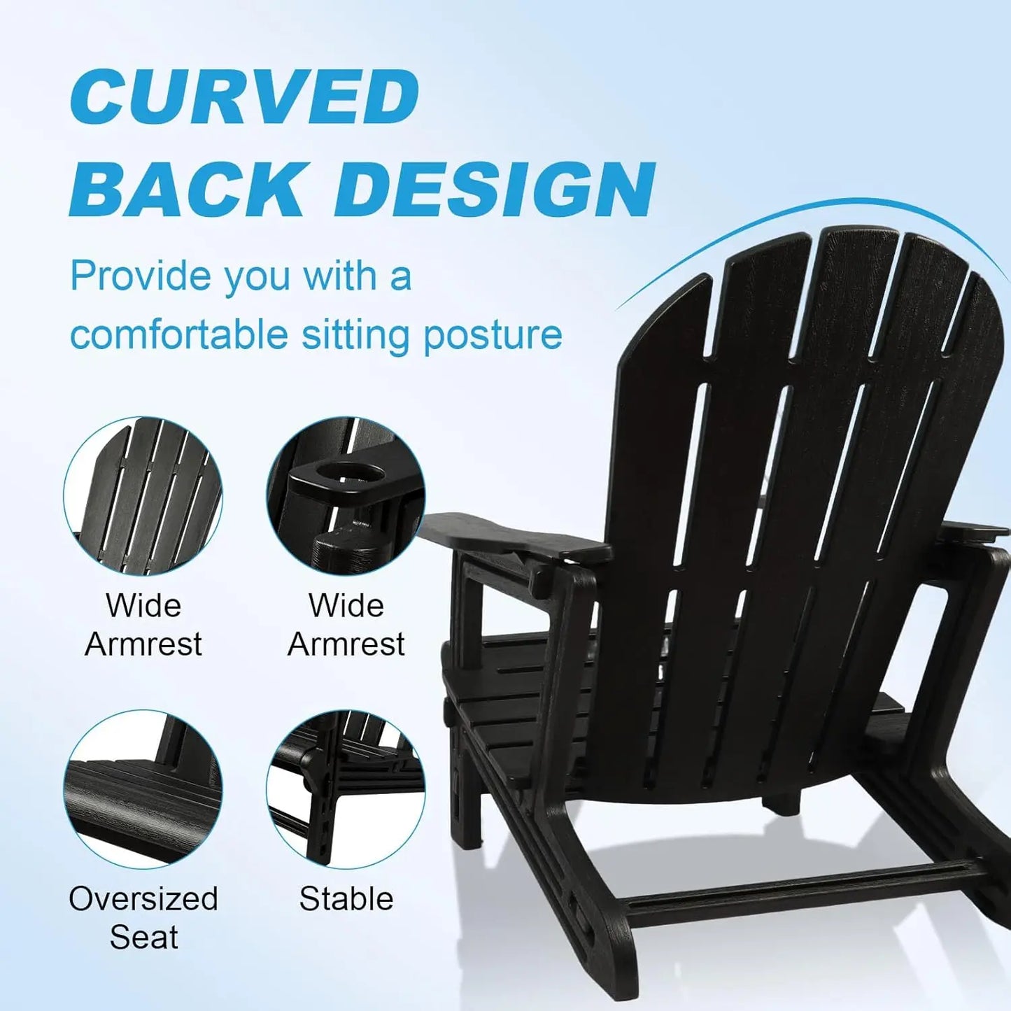Plastic Beach Lounge Chair Fixed Design Detachable Durable with Cup Holder Black for Outdoor Garden Relaxation-Unfoldable/Study