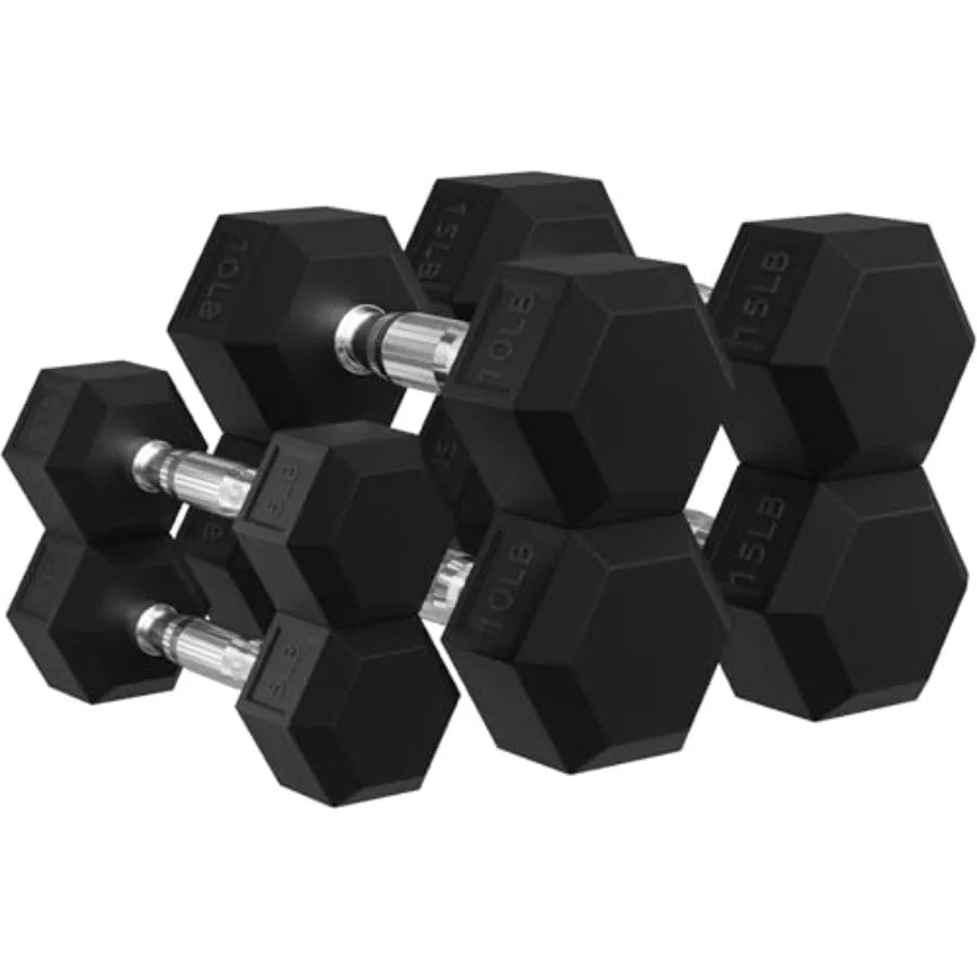 Signature Fitness Rubber Encased Hex Dumbbells with Optional Rack 10 15 20LB Pairs and 10 15 20LB Pairs Weight Sets for Home Gy