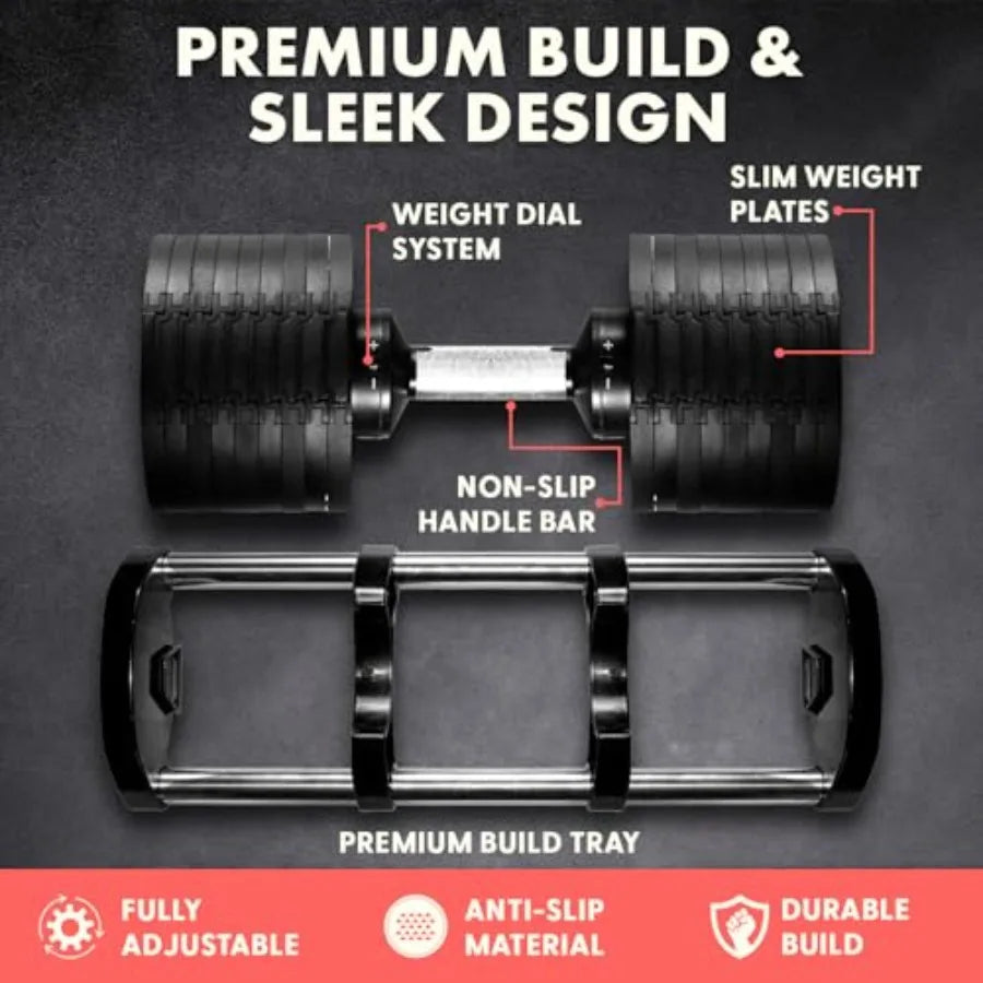 Squatz Adjustable Dumbbell Set 70-140LB Home Gym Fitness Dumbbells with Anti-Slip Handle and Heavy-Duty Plates in Black for Str