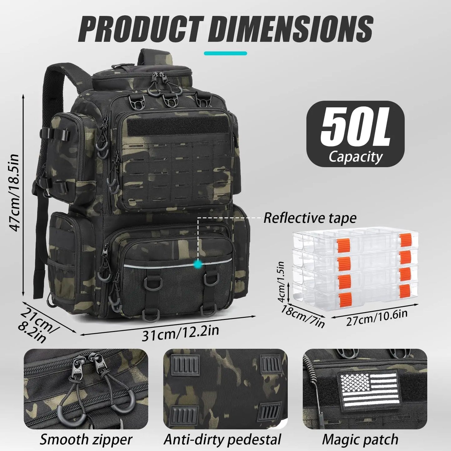 Large Insulated Fishing Backpack with Tackle Boxes, Rod Holders, Cooler - 50L Tactical Gear for Outdoor Adventures
