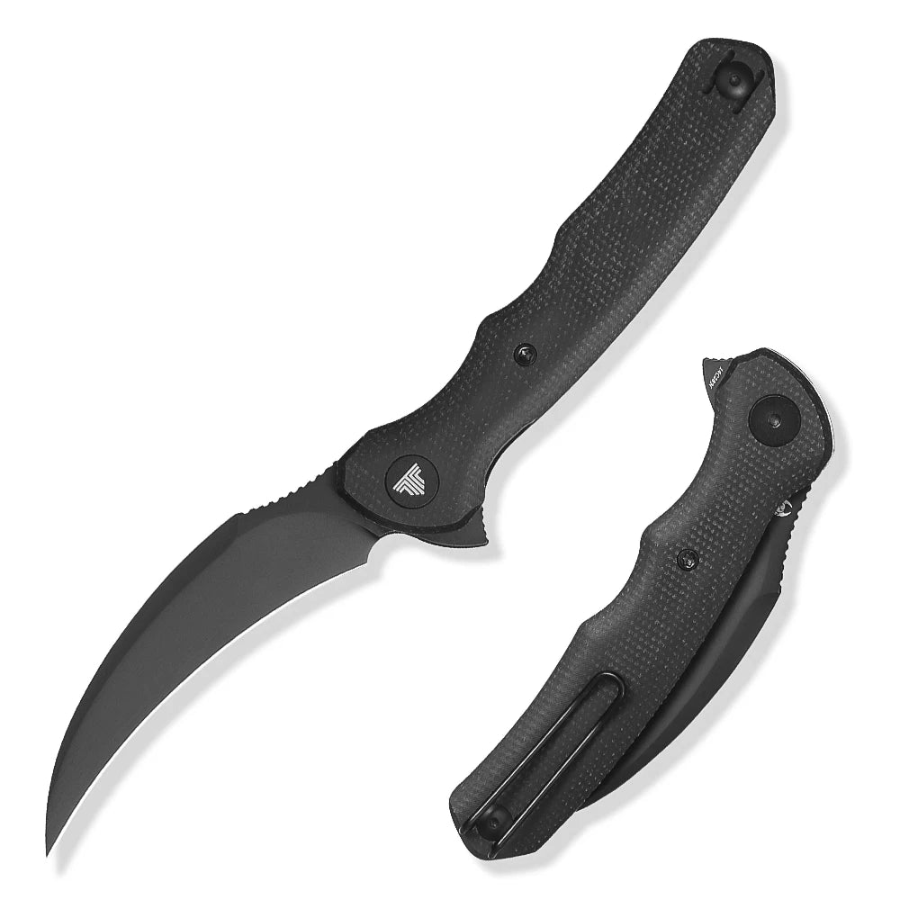 TRIVISA EDC Pocket Folding Knife for Men ,Pikal Flipper Knife with Clip，3.34" 14C28N Steel Hawkbill Blade & Micarta Handle