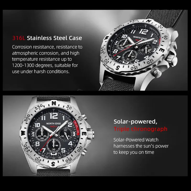 NORTH EDGE 2025 MACH 2 Men's Watches Solar Power 316 stainless steel Case Quartz Watch For Men Pilot Waterproof 50M Stopwatch