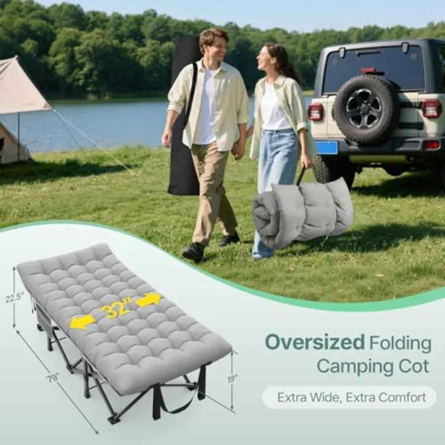 32In XXL Folding Camping Cot 900LBS Heavy Duty Sleeping Cot with Pillow Mattress 1200D Double-Layer Ox Portable Cot for Adults