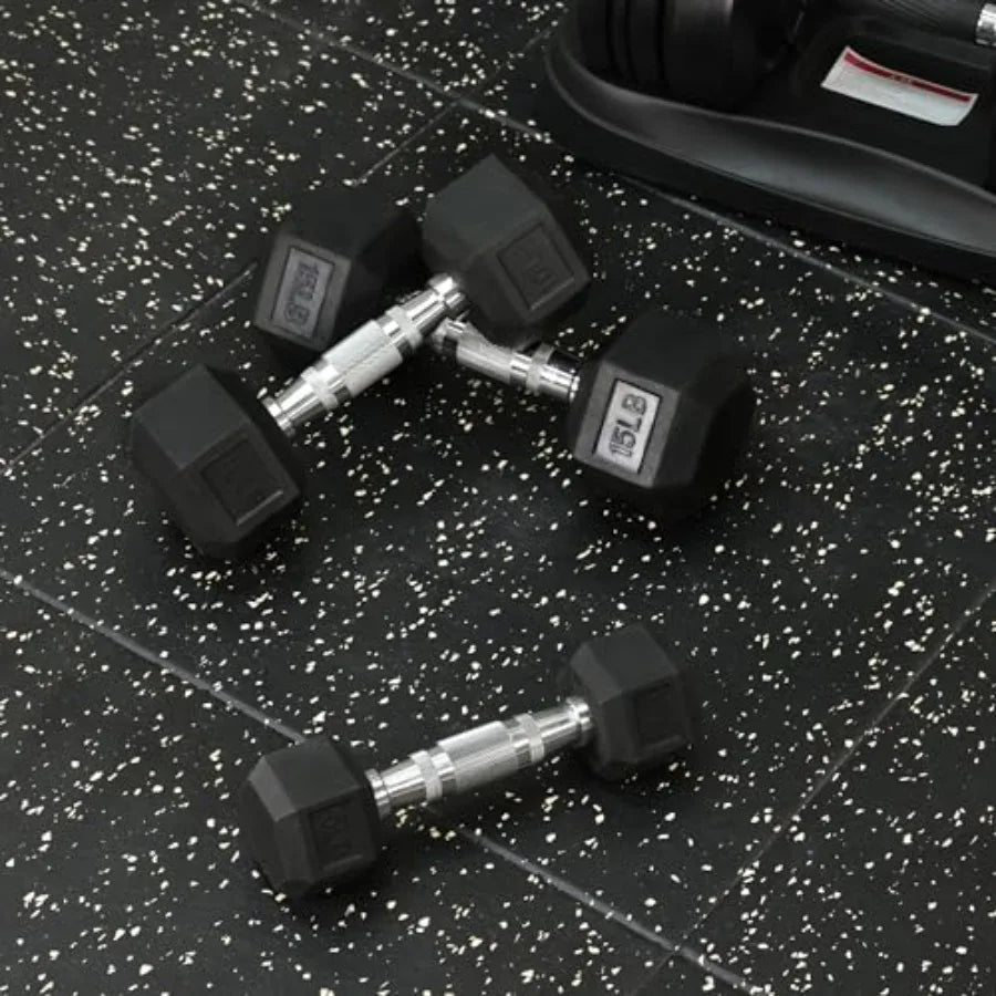 Signature Fitness Rubber Encased Hex Dumbbells with Optional Rack 10 15 20LB Pairs and 10 15 20LB Pairs Weight Sets for Home Gy