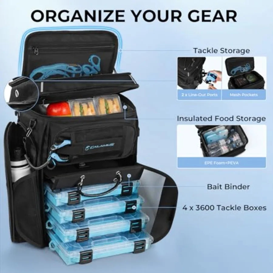 GearMaster Tackle Backpack with Bait Binder Large Lightweight Water-Resistant Fishing Bag Rod Holders Food Storage in Black Dur