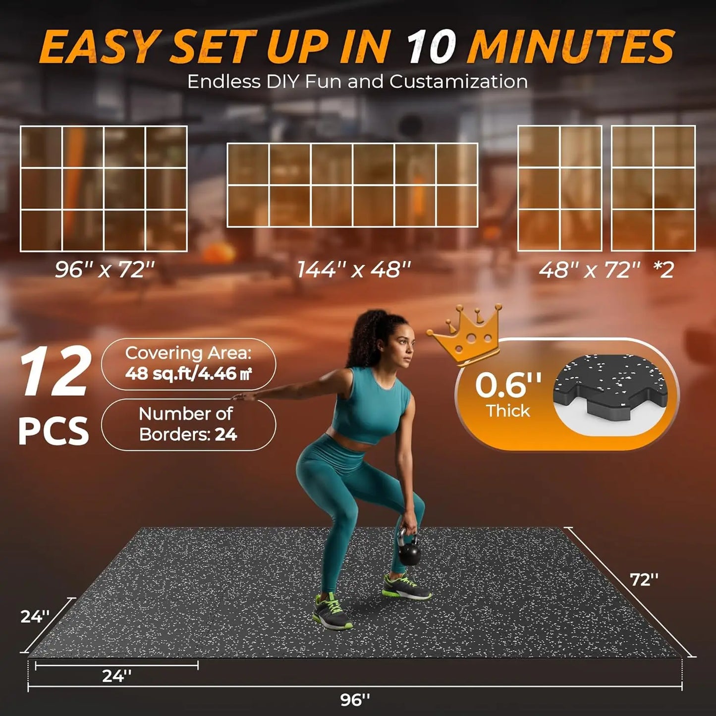 0.6" Thick Interlocking Rubber Gym Mats, 12 Pcs 48 Sq Ft High Density EVA Foam Flooring for Home Garage Workout