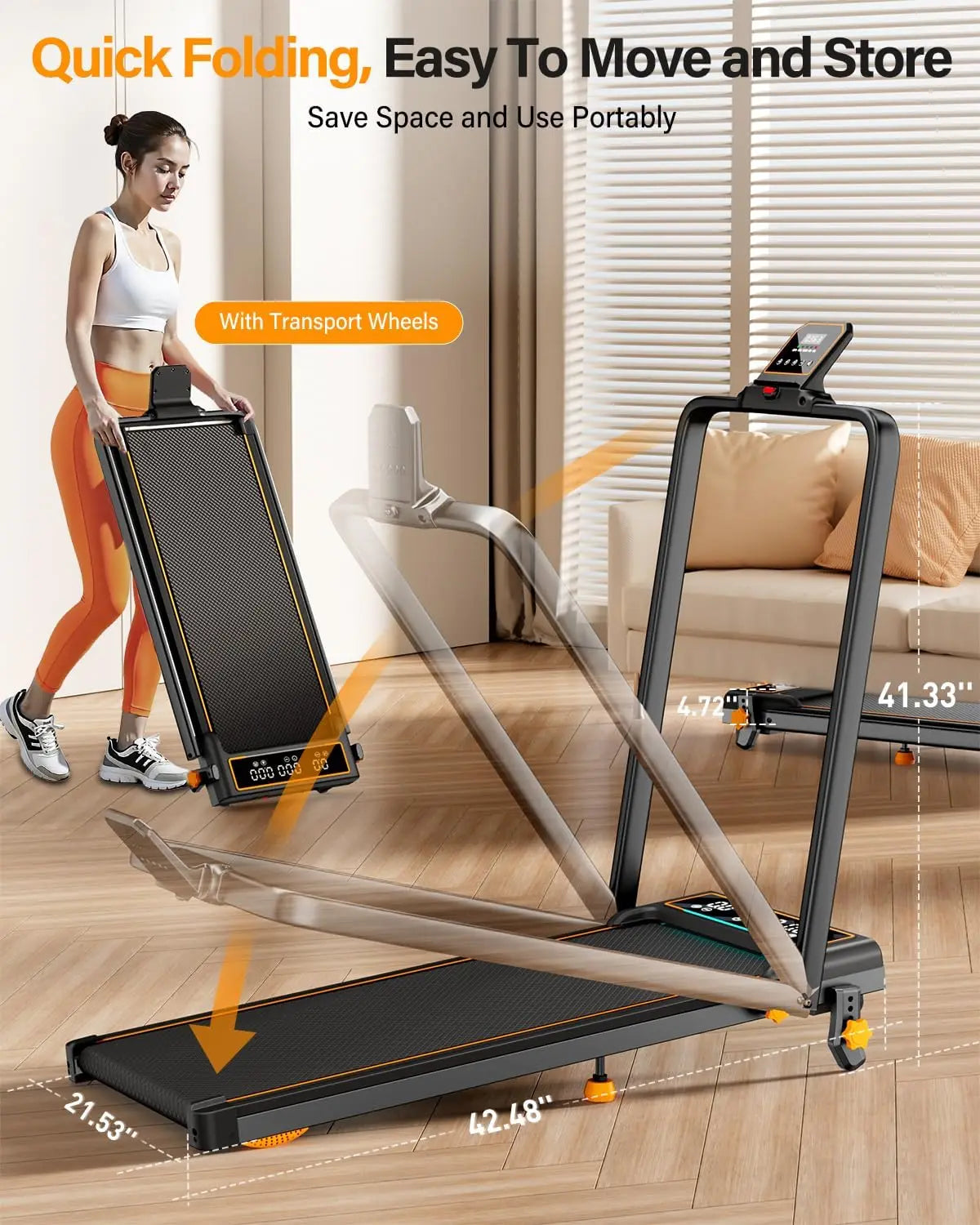 Treadmill Walking Pad with 15% Incline/Handle Bar/2 LED Display, 3.5HP Foldable Walking Pad Treadmill 350+lb RGB Light