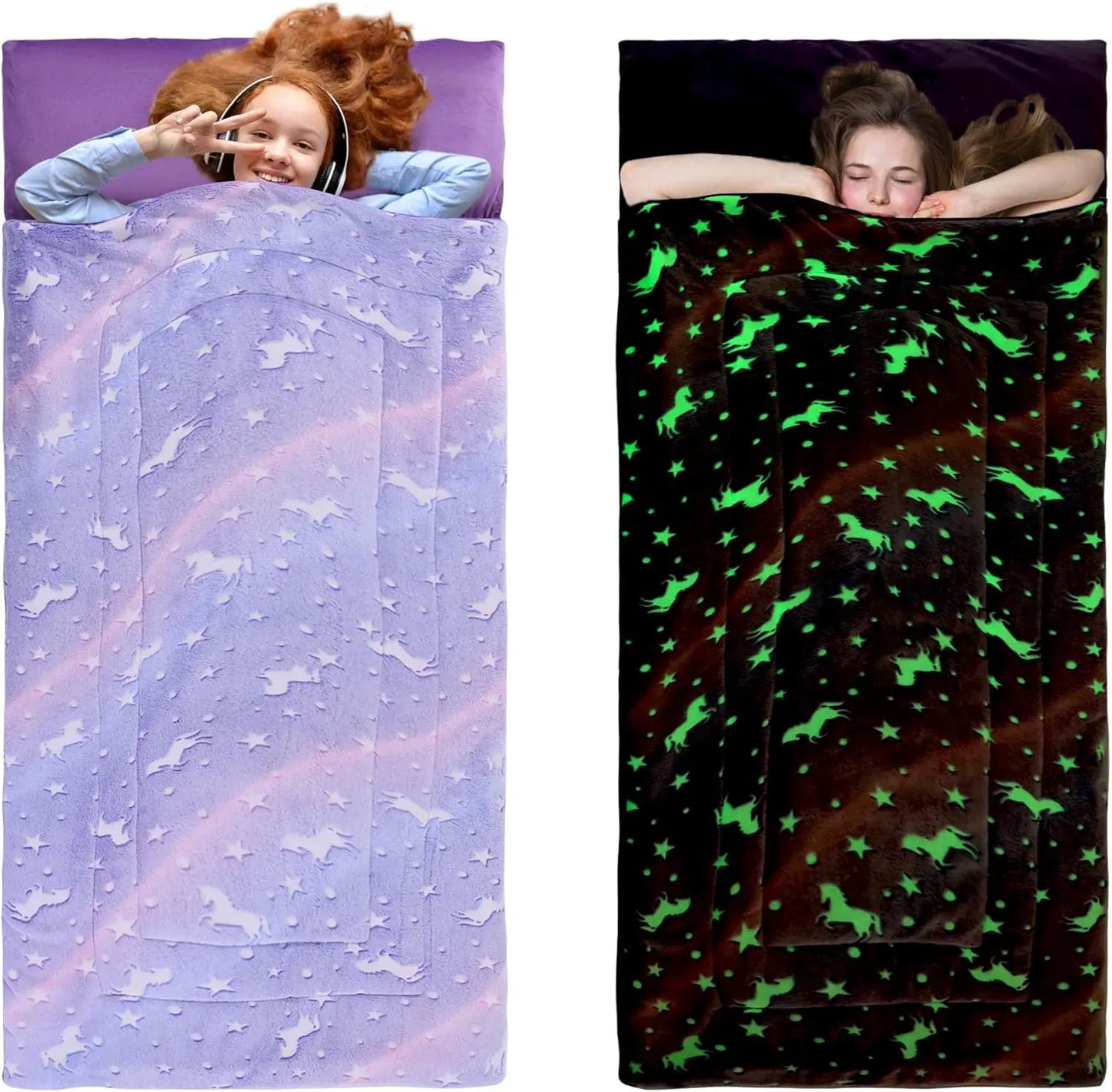 Glow in The Dark Sleeping Bag for Kids 10-12 Years, Soft Nap Mat with Pillow & Blanket for Travel Camping