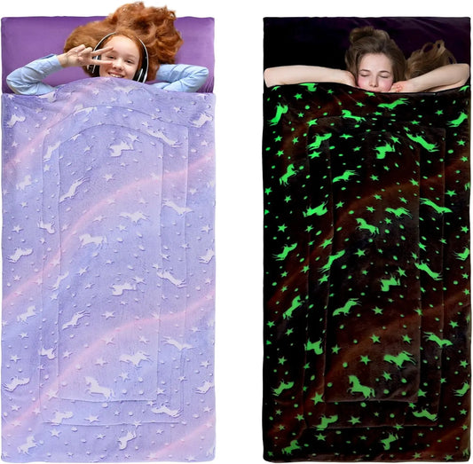 Glow in The Dark Sleeping Bag for Kids 10-12 Years, Soft Nap Mat with Pillow & Blanket for Travel Camping