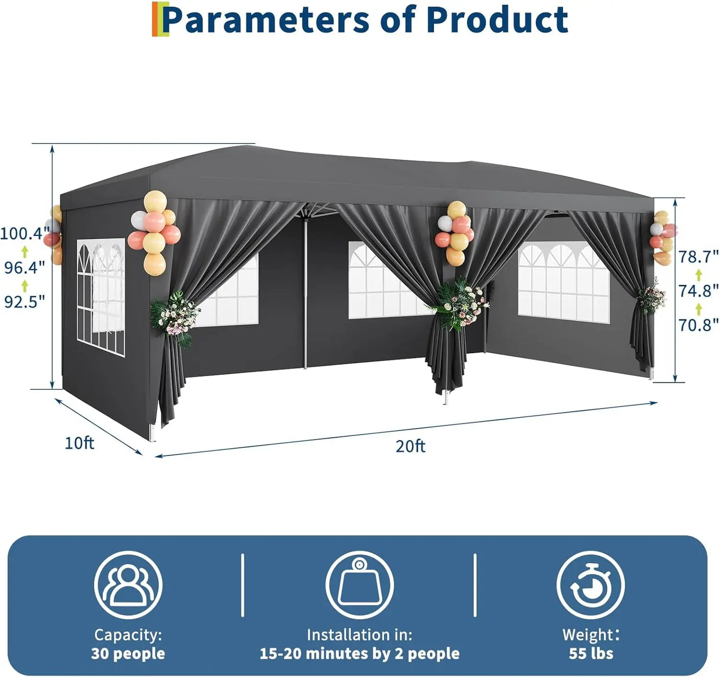 10x20 Heavy Duty Pop Up Canopy Tent with 6 Removable Sidewalls Easy Up Commercial Canopy Tents for Large Outdoor Parties