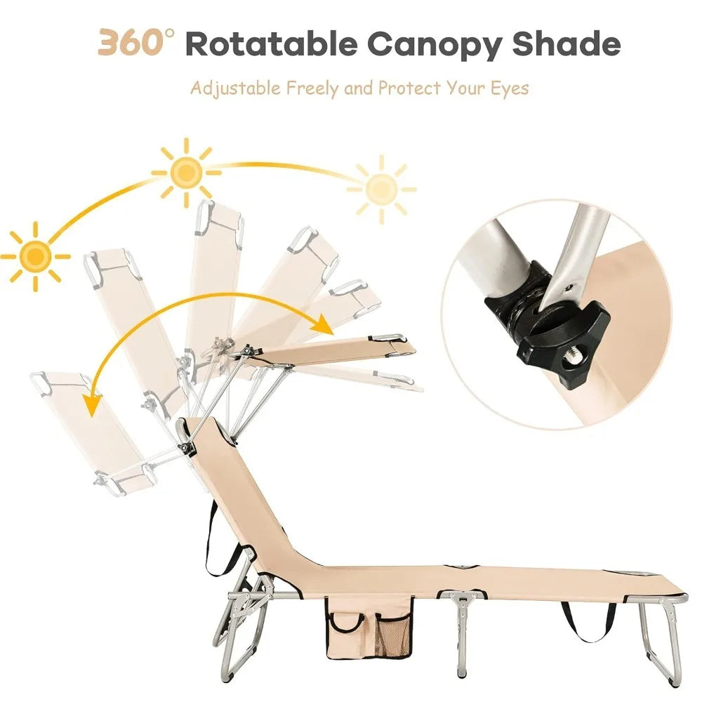 Lounge Chair Outdoor with Canopy, 330LBS Portable Tanning Chair with Adjustable Backrest, Carry Straps & Side, Customized