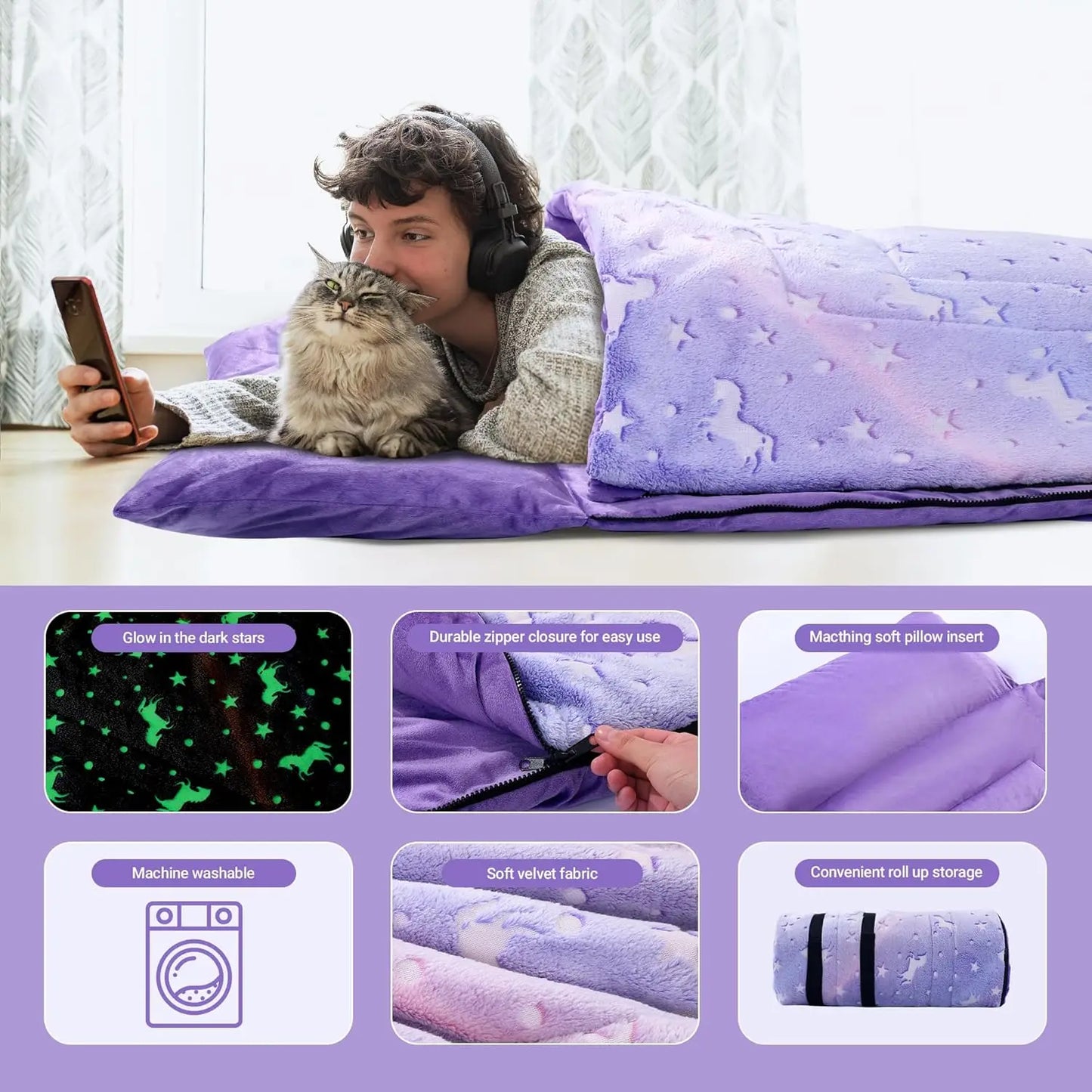 Glow in The Dark Sleeping Bag for Kids 10-12 Years, Soft Nap Mat with Pillow & Blanket for Travel Camping