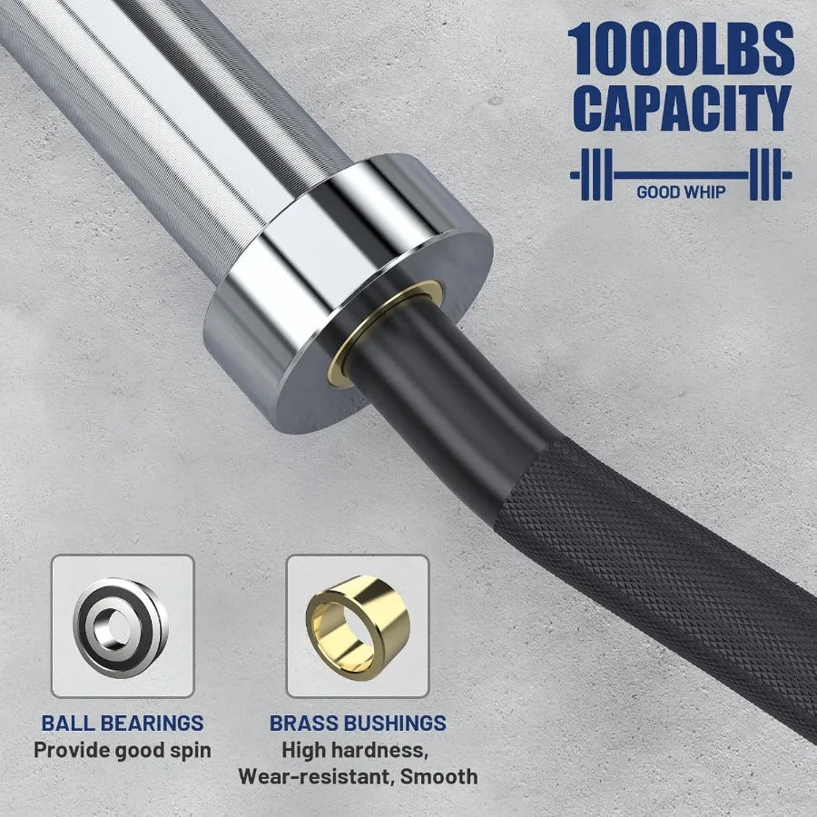 7FT  Cambered Barbell Bar Load 1000LBS Capacity Available Men's Barbell with Hard Chrome Sleeves for 2"  Plates