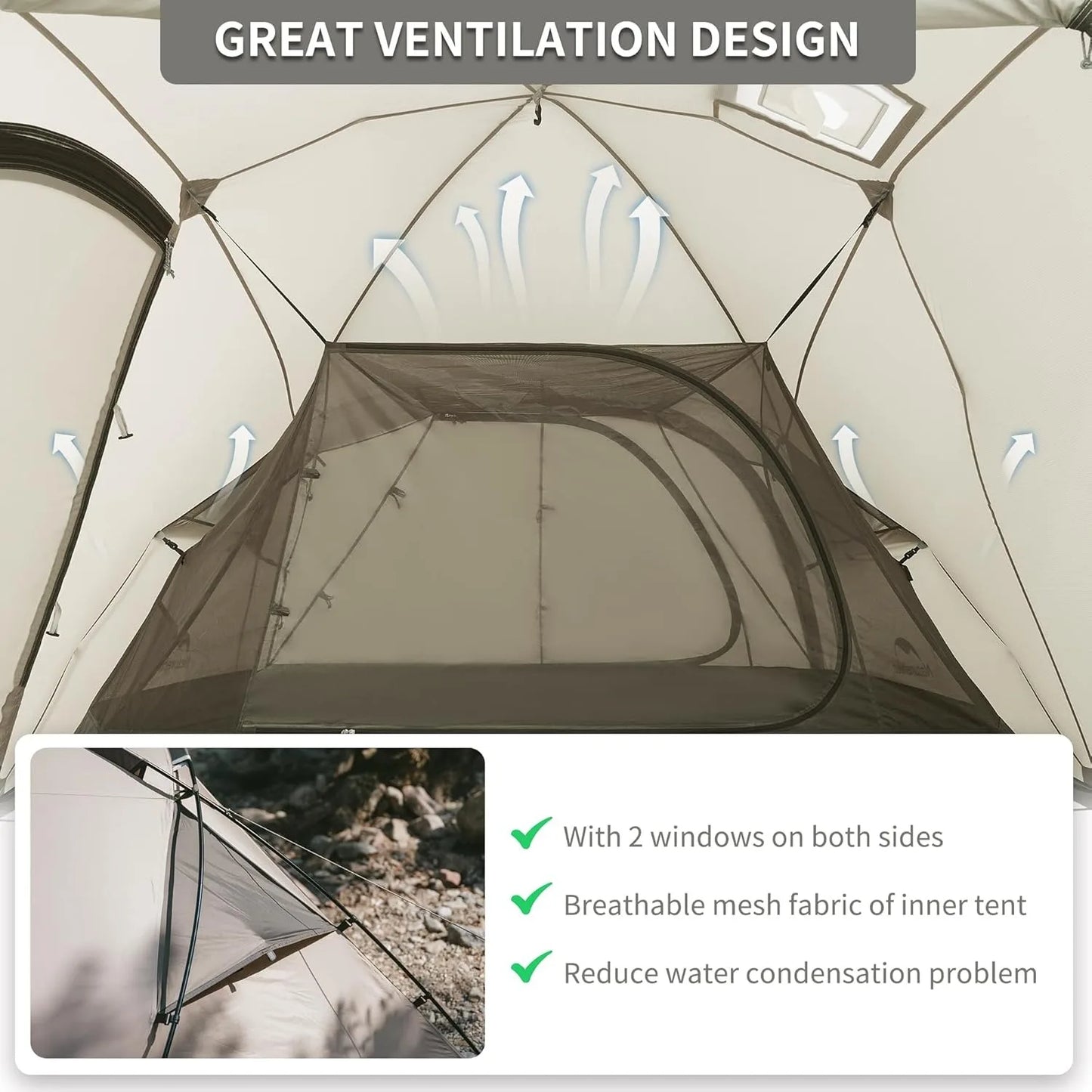 Naturehike Lightweight 2 Person Tent Large Space 4 Season Double Layer Camping Tent 7.5㎡ with Living Room with Stove Hole