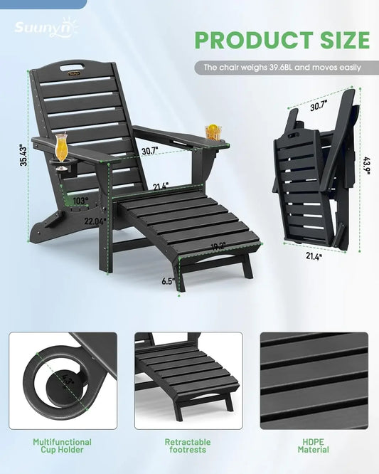 Set of 2 Folding Adirondack Chairs HDPE with Retractable Ottoman,Weather Resistant Patio, Customized
