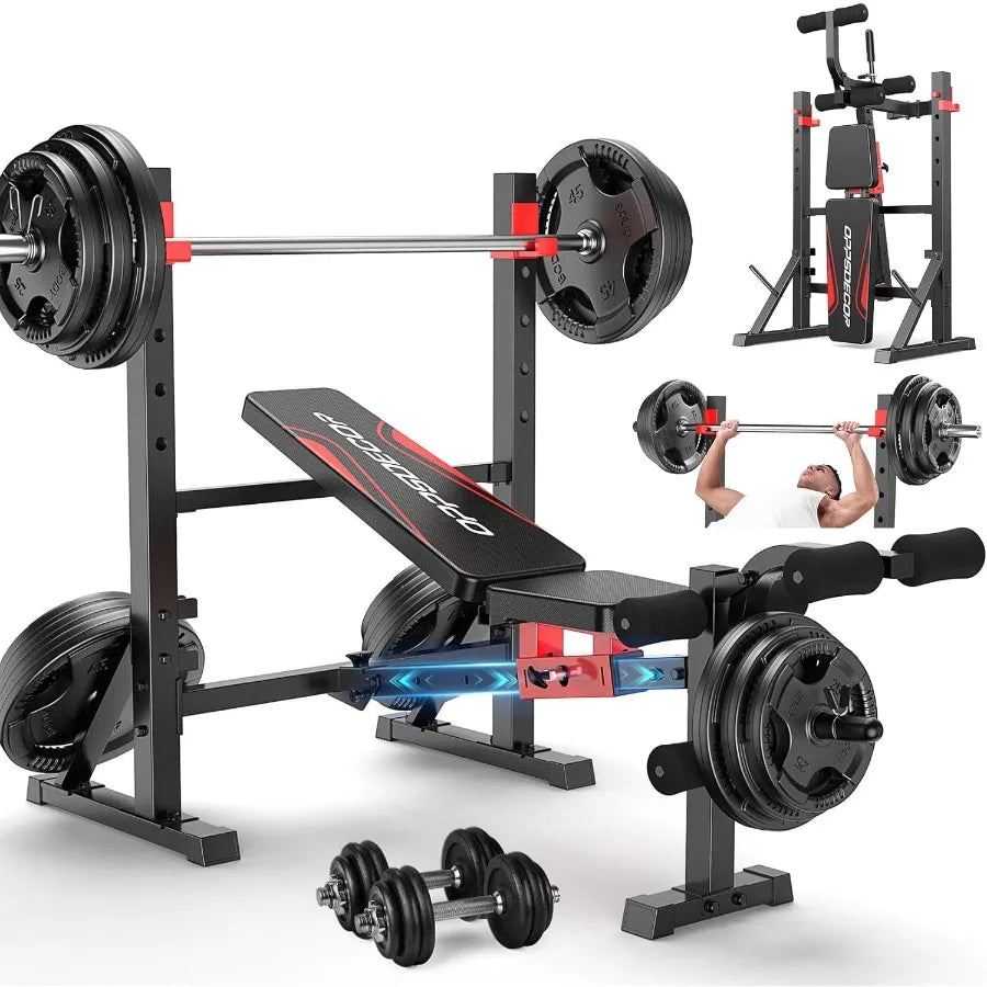 Foldable Adjustable Weight Bench Set with Squat Rack for Home Gym 900 LBS Ccity Flat/Incline/Decline Steel Frame Black Durable