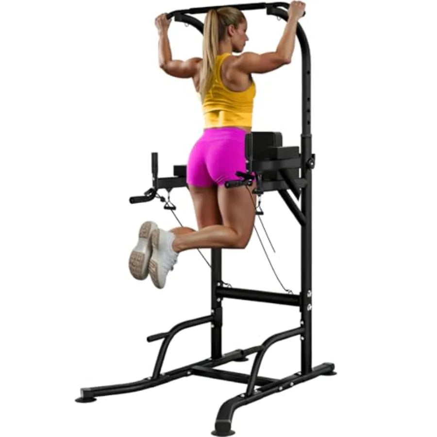 Adjustable Pull Up Bar Power Tower Dip Station for Home Gym Workout Multi-Function Strength Training Equipment in Black Steel w