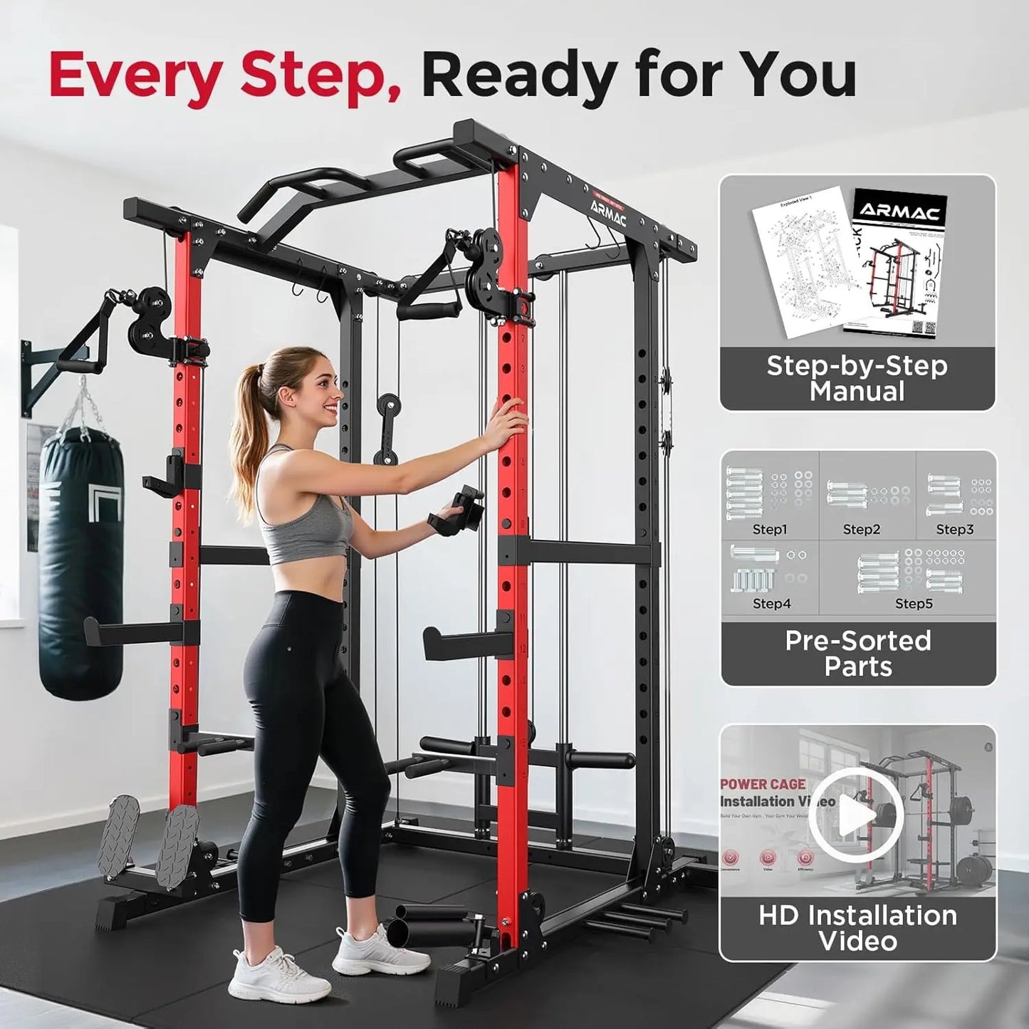 Power Cage,1500lbs Multi-Function Power Rack with Adjustable Cable Crossover System and More Training Attachment,, Customized