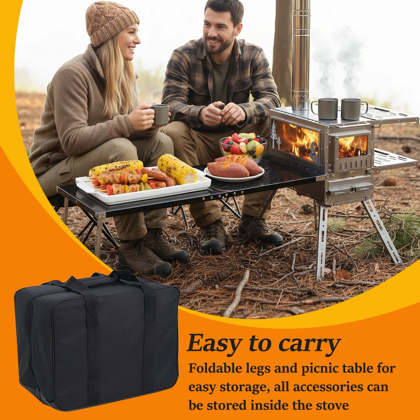 Hot Tent Stove with Oven & Camping Table with Chimney Pipe Outdoor Firewood Stove Stainless Steel for Heating Cooking Hunting