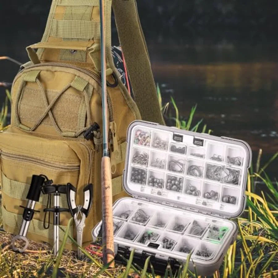 397 Pcs Fishing Accessories Kit Tools Include Backpack Fishing Tackle Box with Hooks Weights Sinkers Spinner Blade Gear in Blac