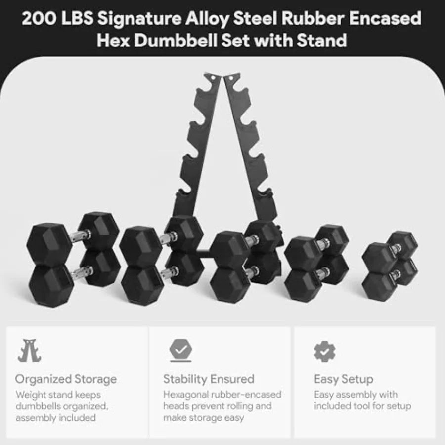 Rubber Coated Hex Dumbbell Set with A-Frame Rack Black Solid Cast Iron Home Gym Weights with Chrome Handles for Full-Body Stren