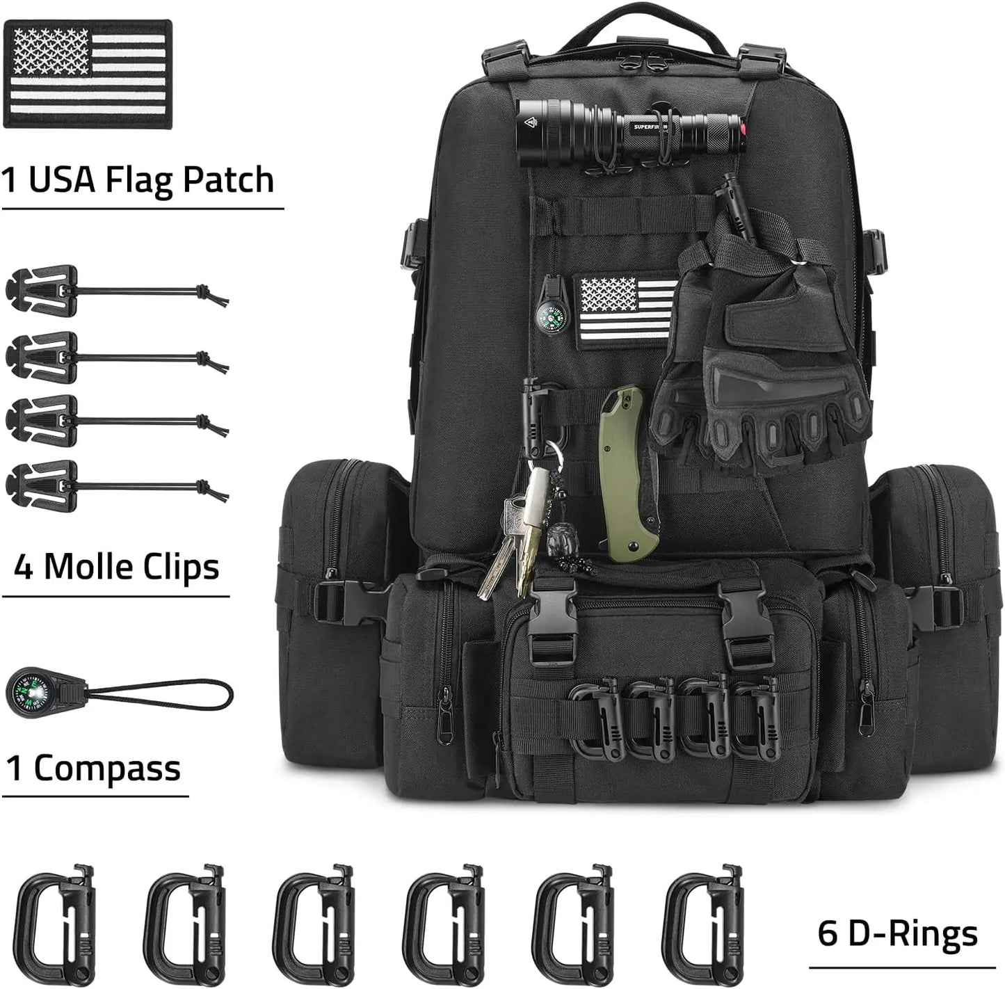 60L Tactical Backpack Men Women Military Rucksack with D-Ring Molle, Compass, 3-Day Bug Out Survival Hiking Camping Daypack, Bla