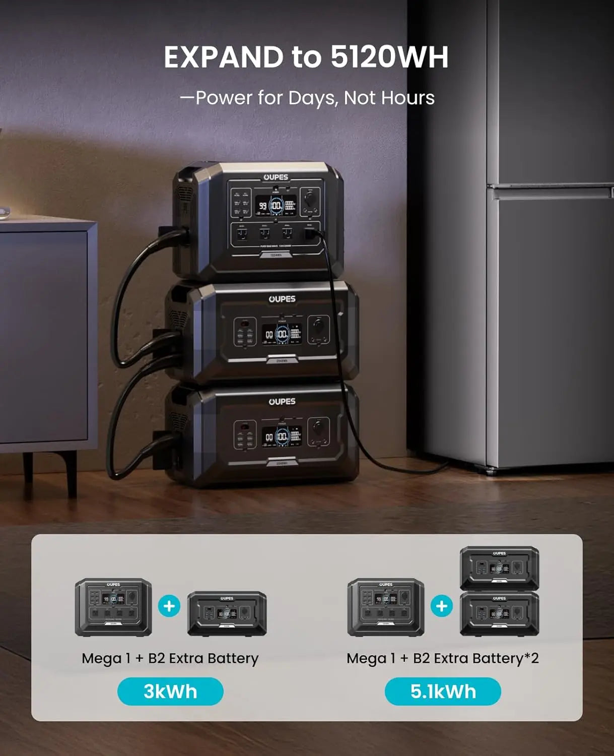2000W 4500W Surge 1024Wh LiFePO4 Expandable 5kWh UPS Portable Power Station for Home Camping Road Trip, Custom