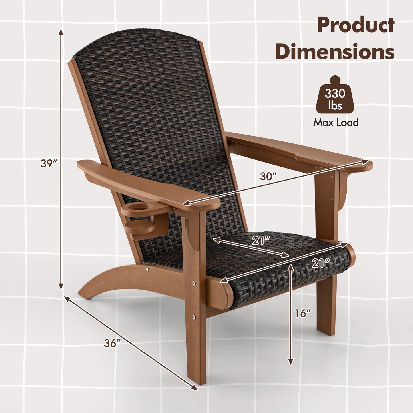 Patio Adirondack Chair w/ Rattan Padded Seat Wide Armrests & Hidden Cupholder