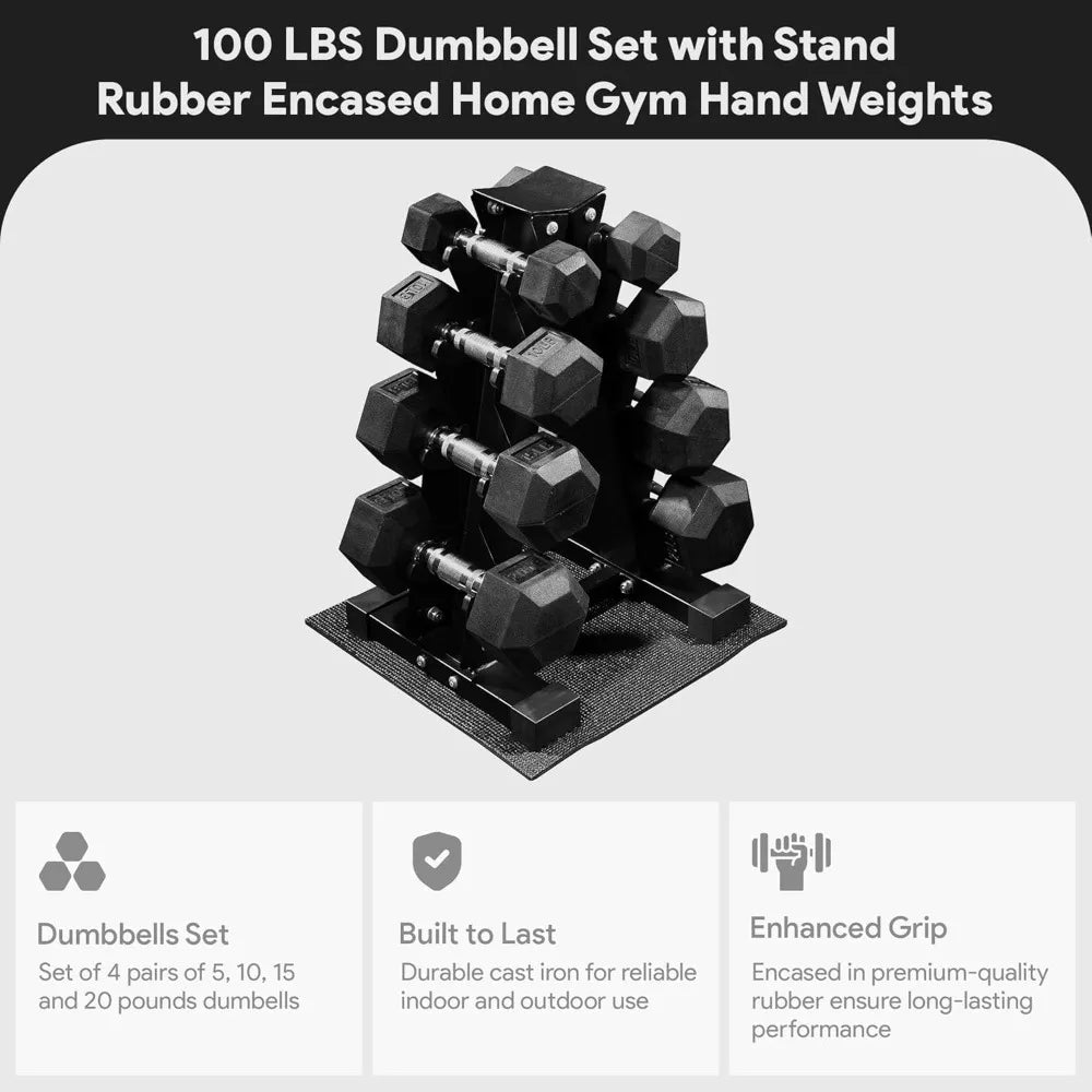 BalanceFrom Rubber Coated Hex Dumbbell Weight Set with Storage Rack, 100LB or 150LB or 200LB Set