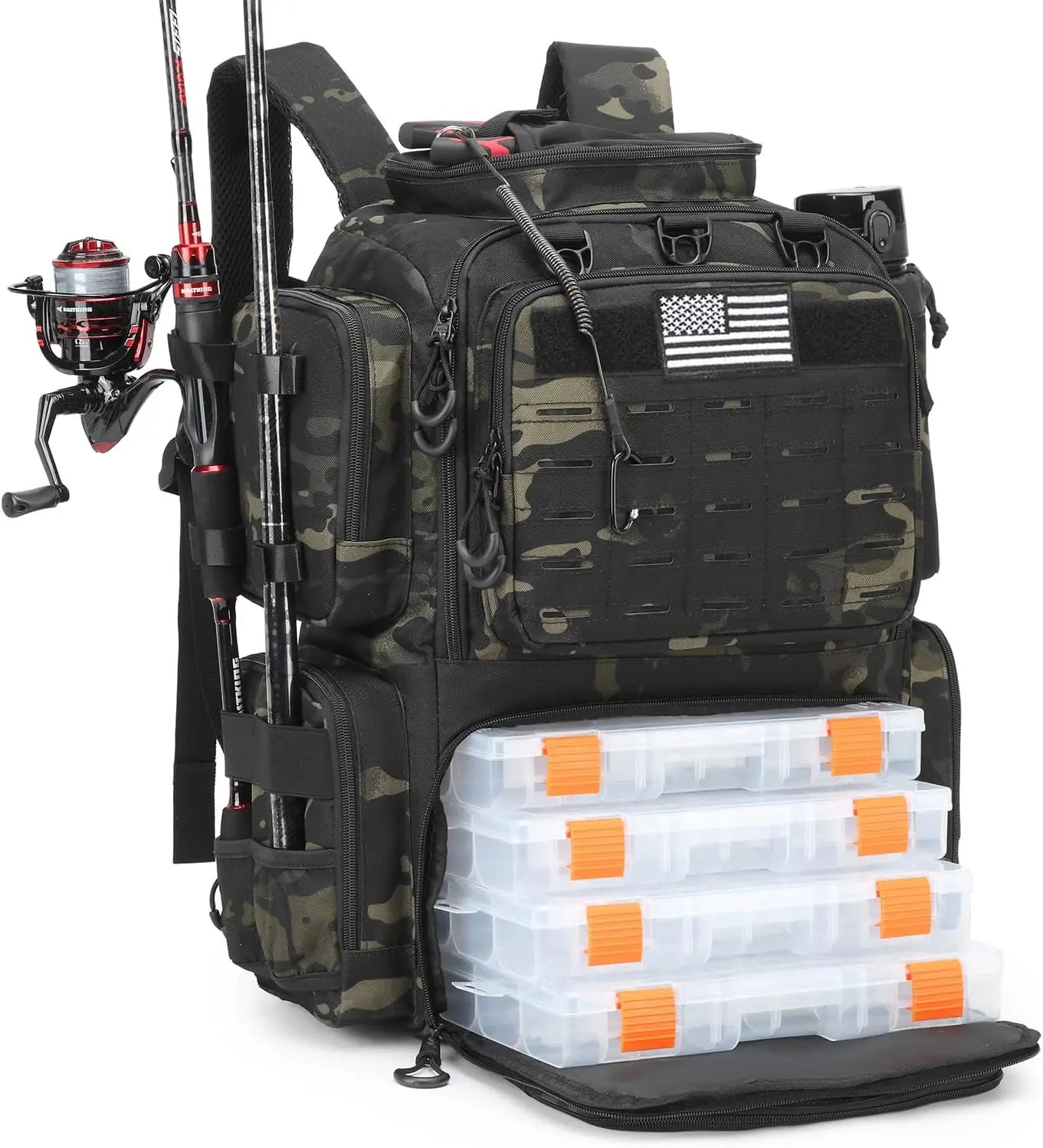 Large Insulated Fishing Backpack with Tackle Boxes, Rod Holders, Cooler - 50L Tactical Gear for Outdoor Adventures