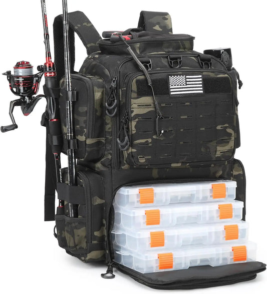Large Insulated Fishing Backpack with Tackle Boxes, Rod Holders, Cooler - 50L Tactical Gear for Outdoor Adventures