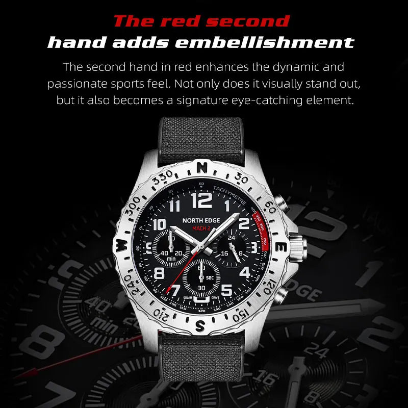 NORTH EDGE 2025 MACH 2 Men's Watches Solar Power 316 stainless steel Case Quartz Watch For Men Pilot Waterproof 50M Stopwatch