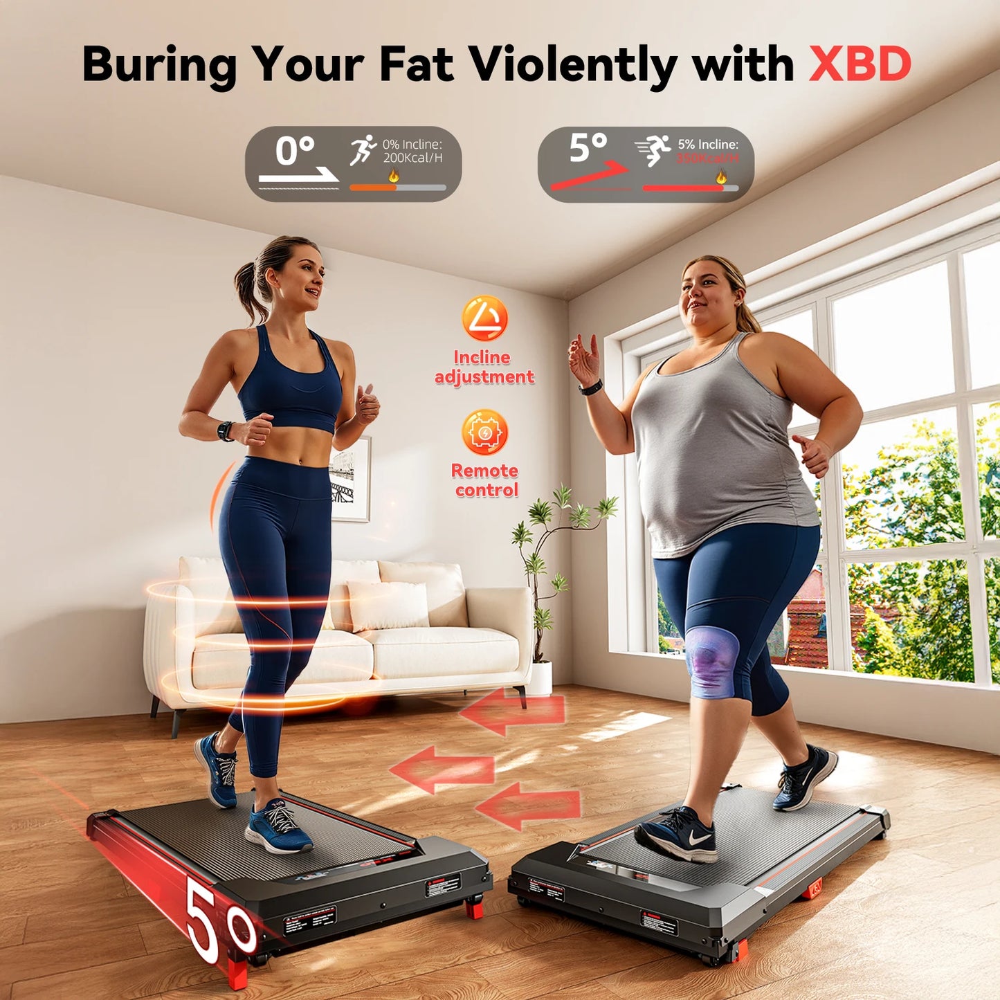 XBD Portable Incline Walking Pad - 330lb Capacity, 2.5HP Under Desk Treadmill with LED Display & Remote Control