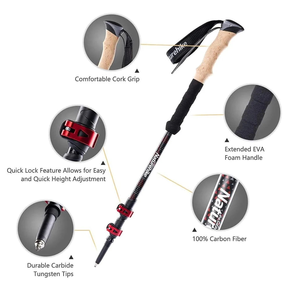 Naturehike 2PCS Trekking Poles Walking Sticks Lightweight Carbon Fiber Collapsible Telescopic Sticks Adjustment Lock Hiking Cane