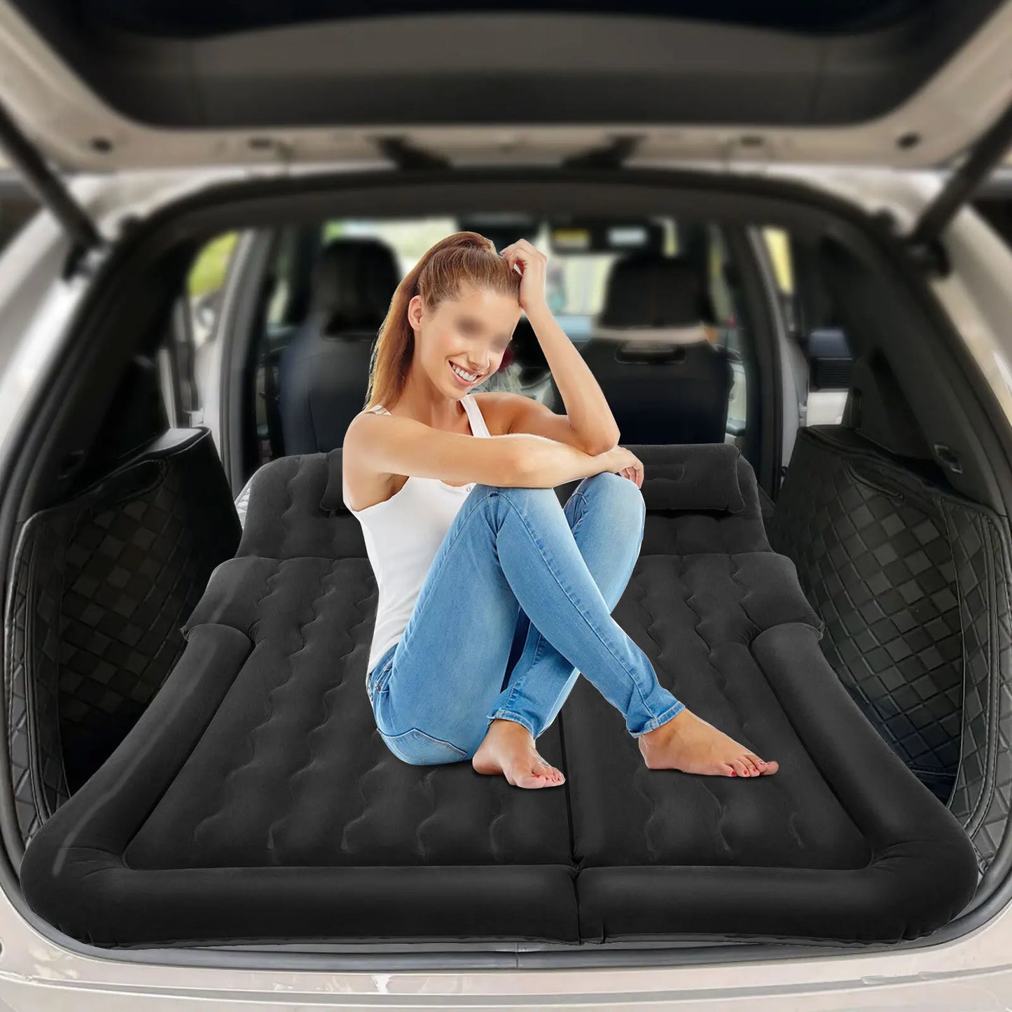 Heavy Duty Car Air Mattress 551LBS Load Flocking PVC Foldable with Pump Headrests Storage Bag for Camping Travel Home