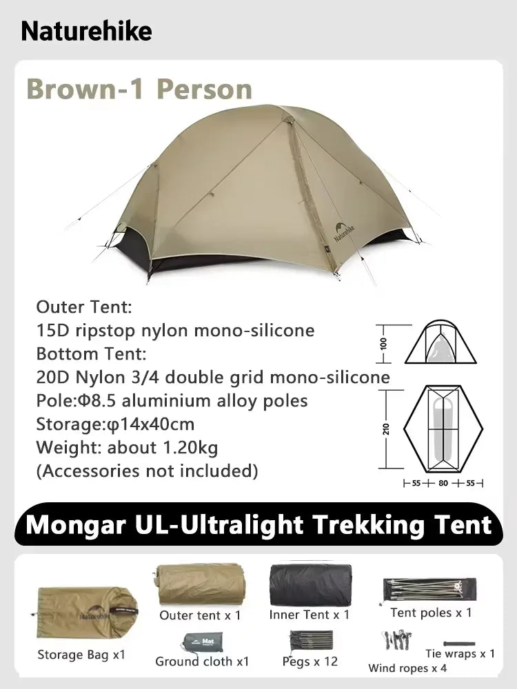 Naturehike Mongar UL 1Person Tent Ultralight Camping Tent Outdoor Travel Double Layer Waterproof Tent 3 Season Hiking Tent