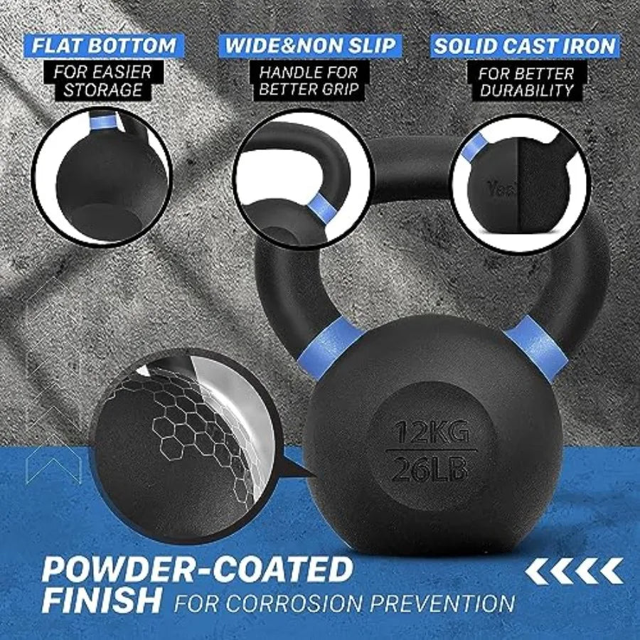 Powder Coated Kettlebell Cast Iron Core Kettlebells with Non-Slip Handle Flat Bottom for Conditioning Heavy Duty for Strength T