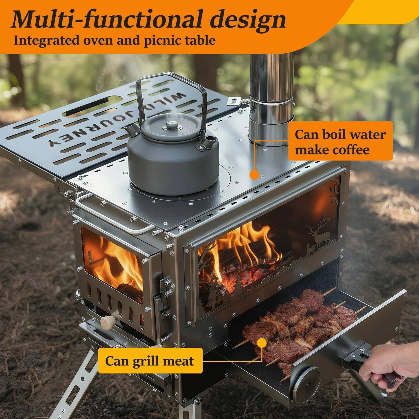 Hot Tent Stove with Oven & Camping Table with Chimney Pipe Outdoor Firewood Stove Stainless Steel for Heating Cooking Hunting