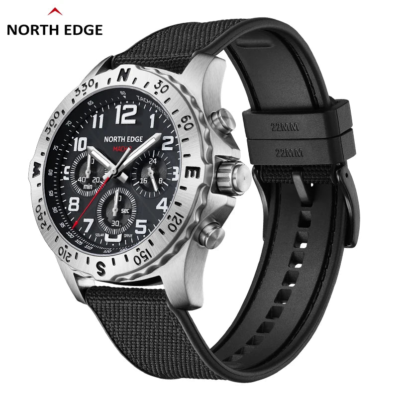 NORTH EDGE 2025 MACH 2 Men's Watches Solar Power 316 stainless steel Case Quartz Watch For Men Pilot Waterproof 50M Stopwatch