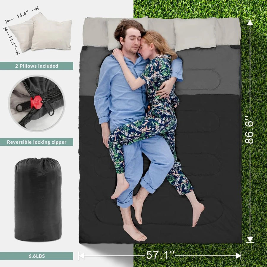 Double Sleeping Bag 2 Pillows for Adults, Queen Size XL Sleeping Bag Waterproof, Compact with Compression Sack, 2 Person Sleepin