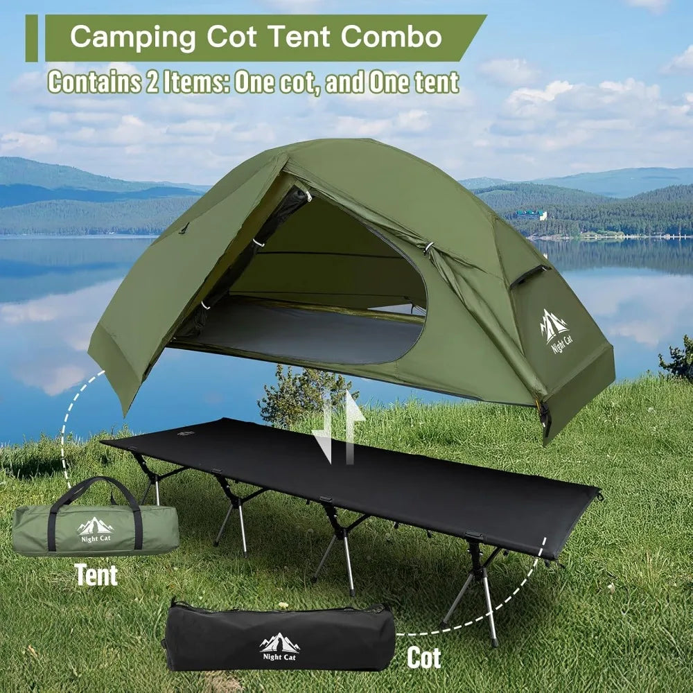 Camping Cot Tent Combo - Waterproof 1-Person Elevated Cot Bed with Tent, Portable Easy Setup for Adults