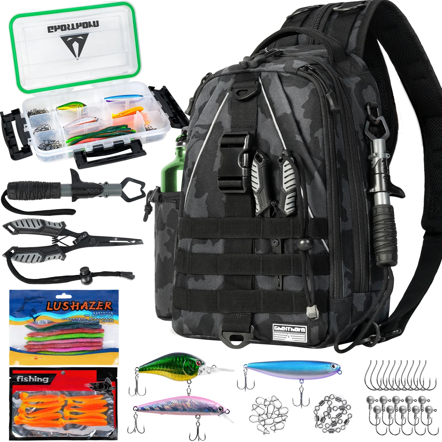 Fishing Gear Kit with Backpack - Tackle Storage Box, Baits, Hooks, Fish Control Tool & Pliers for Anglers
