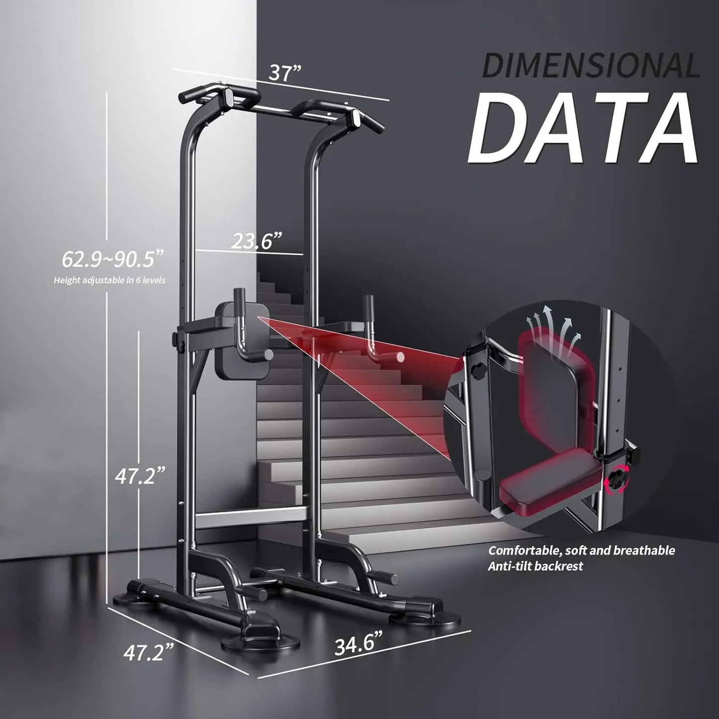 Adjustable Height Power Tower for Home Gym - Pull Up, Dip Station, Multi-Function Strength Training Equipment