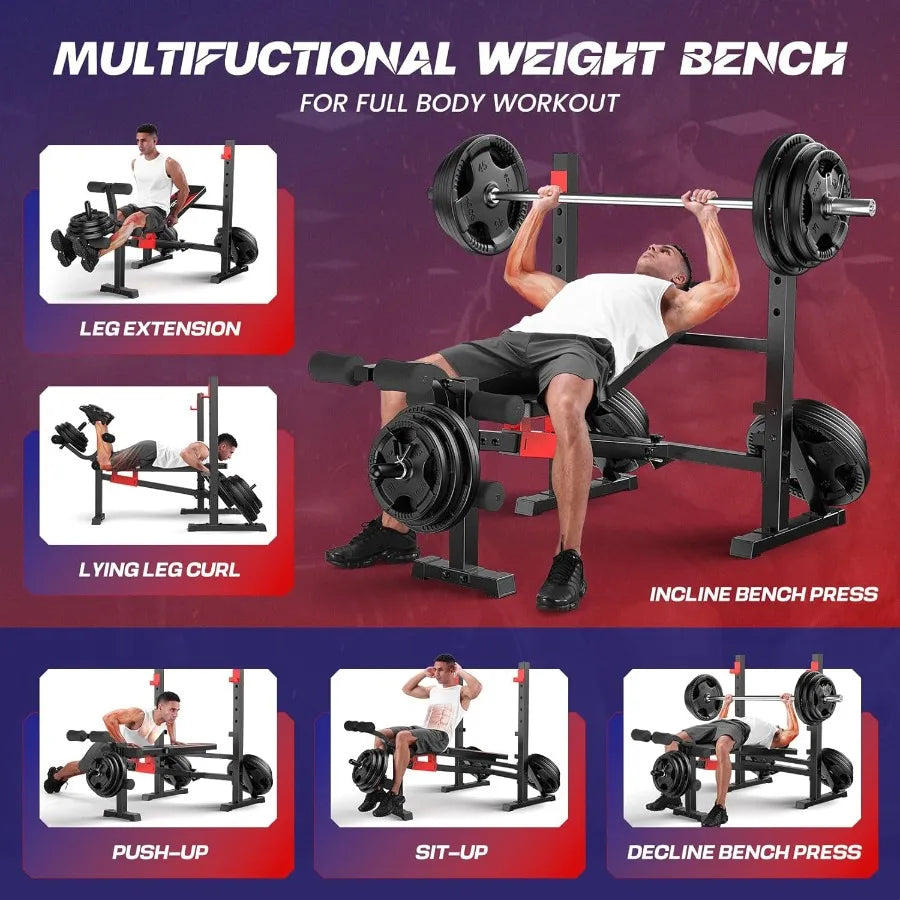 Foldable Adjustable Weight Bench Set with Squat Rack for Home Gym 900 LBS Ccity Flat/Incline/Decline Steel Frame Black Durable