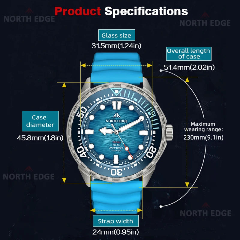 NORTH EDGE TRITON-Ti smartwatch Solar Powered Dive Watch Titanium Alloy Case Men Luxury Quartz Watches For Men Waterproof 300M